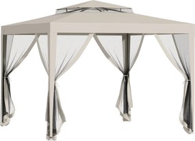 Pérgola de Jardim 297x297x268 cm com Redes Mosquiteiras Laterais com Fecho de Correr Teto de Ventilação e 8 Orifícios de Drenagem Bege