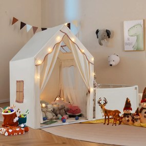 Tenda infantil 2 em 1 com Luzes de estrelas 177 x 97 x 136 cm Tapete Cortinas Janelas para crianças 3+ anos Interior Bege