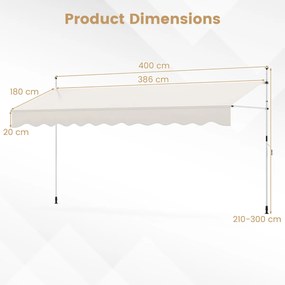 Toldo retrátil manual 4 m x 180 cm Sombra exterior ajustável sem perfuração com manivela para pátio, varanda, jardim Branco