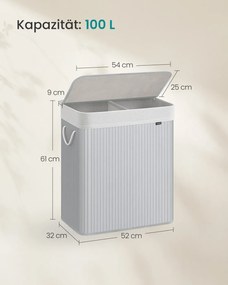 Cesto da roupa suja com 2 compartimentos, 100 L, com tampa, saco de bambu cinzento