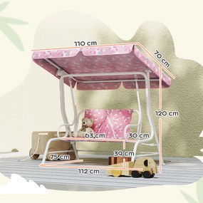 Baloiço de Jardim Exterior Infantil de 2 Lugares com Toldo Ajustável, Cintos de Segurança e Design de Unicórnio e Arco-Íris Rosa