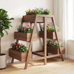 Floreira de jardim elevada de vários níveis em madeira com base de ripas e forro preto para interior e exterior castanho