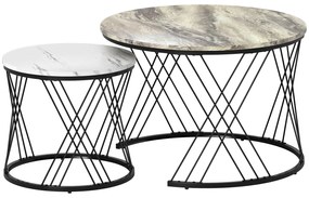 HOMCOM Conjunto de 2 Mesas Auxiliares Redondas com Bancada com Imitação de Mármore Estrutura de Metal Cinzento e Branco | Aosom Portugal