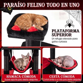 Árvore Rascadora Gótica para Gatos, 73 x 50 x 178 cm, 6 Postes de Sisal, Vermelho+Preto