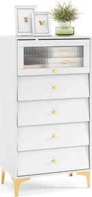 Cómoda 4 gavetas moderna 60 x 40 x 112,5 cm com porta de vidro canelado e gavetas extraíveis Pernas metálicas Branca
