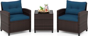 Conjunto de 2 Cadeiras de Exterior e Mesa Auxiliar, 67 x 64 x 77 cm, Ratan PE Entrançado à Mão, Castanho e Azul