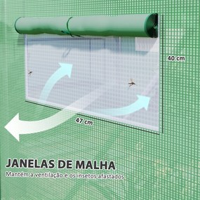 Estufa tipo Túnel 397x300x200 cm Estufa de Exterior com 4 Janelas de Malha Cobertura de PE Anti UV e 3 Portas Enroláveis Verde