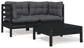 3 pcs conjunto lounge jardim c/ almofadões pinho maciço preto