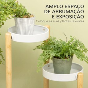 Suporte para Plantas com Pés de Bambu Estante para Flores com 4 Prateleiras Carga 20 kg Ø28x80 cm Madeira e Branco