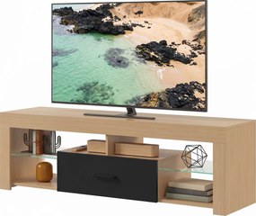 Móvel de TV 140 x 40 x 45 cm, móvel para televisor de 65 polegadas com prateleiras de vidro ajustáveis, gaveta e compartimentos abertos, cor carvalho