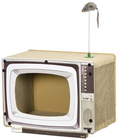 PawHut Arranhador de Cartão para Gatos Casa para Gatos em Forma de Televisor com Rato de Brinquedo 43x23x32,5 cm Areia