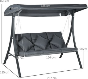 Baloiço de Jardim Exterior de 3 Lugares com Toldo Ajustável e Estrutura de Aço 202x115x168 cm Cinzento Escuro