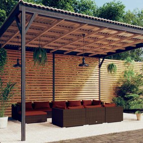 vidaXL 10 pcs conjunto lounge jardim c/ almofadões vime PE castanho