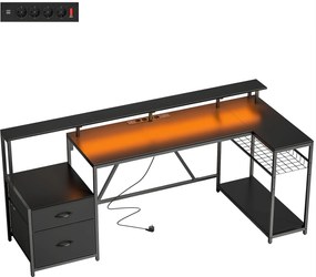 HOMCOM Mesa Gamer Angular com Hub de Carregamento, Luzes LED e Suporte para Monitor, em Madeira e Aço, 192,5x80x86,5 cm, Preto | Aosom Portugal