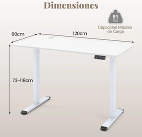 Secretária elétrica ajustável em altura 120 x 60 x 73-118 cm para trabalhar em pé e sentado com gancho para auscultadores Memória de alturas Branco