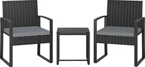 Conjunto de Móveis de Jardim de 3 Peças em Vime PE com Cadeiras Mesa de Vidro Temperado e Almofadas Cinza Claro
