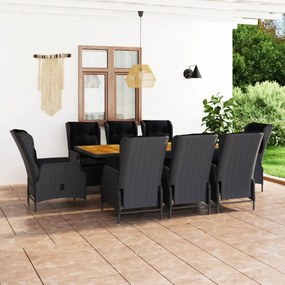vidaXL 9 pcs conj. jantar exterior c/ almofadões vime PE cinza-escuro