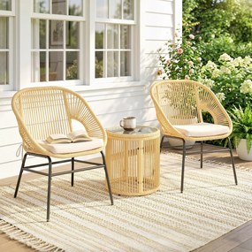 Conjunto de jardim, 3 peças: 2 poltronas confortáveis e mesa em vidro temperado, com almofadas com capas removíveis em bege