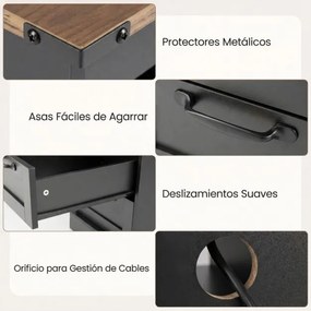 Mesa de cabeceira, mesa apoio 60 x 35,5 x 62 cm rústica com estação de carregamento com prateleira aberta e 2 gavetas para quarto e sala Preto