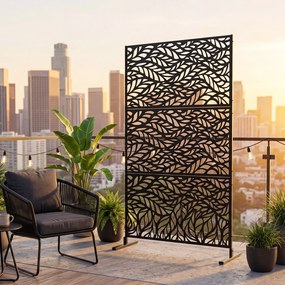 Biombo de Privacidade com Motivo de Folhas, 123 x 45 x 198,5 cm, Estrutura em Metal Galvanizado, Preto