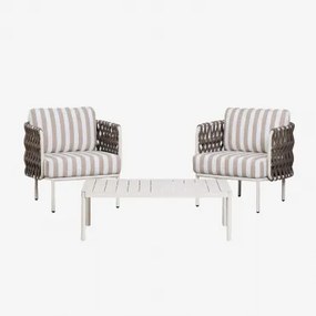 Conjunto De Jardim Com 2 Poltronas Em Corda Trançada Tevary E Mesa De Centro Em Alumínio Boleni Tecido Castanho Moka - Branco Gardenia - Sklum