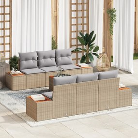 vidaXL Conjunto de Sofá de Jardim de 7 Peças com Almofadas Bege Polirattan Acácia