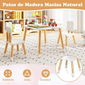 Conjunto de Mesa Flor com Jogo e Atividades em Madeira e 2 Cadeiras Infantis em Pinho Maciço para Crianças com mais de 3 anos Branco e Natural