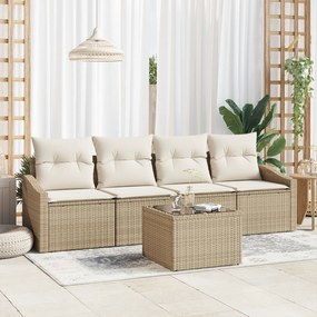 Conjunto de Jantar de Jardim 5 Peças com Almofadas Bege Poli Rattan