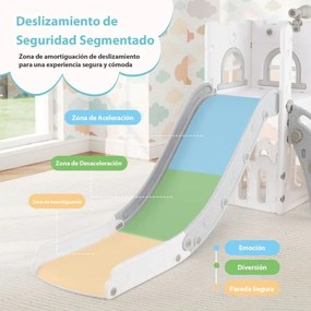 Escorrega infantil 6 em 1 para crianças com cesto de basquetebol e telescópio, com espaço de arrumação cinzento e branco