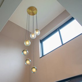 Candeeiro de suspensão Art Deco em latão com vidro azul 7 luzes - Pallon