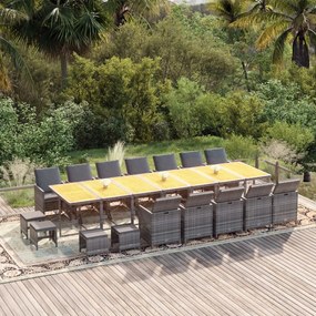 vidaXL 19 pcs conjunto jantar p/ jardim c/ almofadões vime PE cinzento