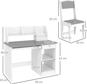 Conjunto de Secretária Infantil e Cadeira Ergonómica, 90 x 45 x 90 cm, Espaços de Arrumação, Cinzento