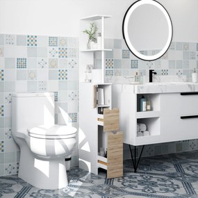Coluna de Casa de Banho Moderna Auxiliar com 2 Prateleiras, 2 Gavetas e 1 Porta Antiviragem 15x33x136,8 cm Madeira Natural
