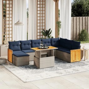 vidaXL 9 pcs conjunto sofás p/ jardim c/ almofadões vime PE cinzento