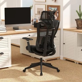 Cadeira de escritório em malha com encosto ajustável em 3 níveis, almofada lombar e apoio para a cabeça, braços, 70 x 68 x 116-124 cm, preta