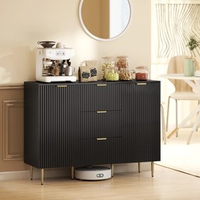 Aparador de sala ou cozinha com 3 gavetas 120 x 40 x 90 cm, prateleiras ajustáveis, armários com portas caneladas, preto