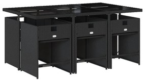 7 pcs conjunto de jantar p/ jardim c/ almofadões vime PE preto