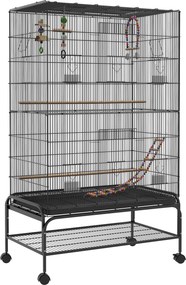 Gaiola para Pássaros com Rodas Comedouros Poleiros Prateleira Inferior Bandeja Removível 97x58x160 cm Preto