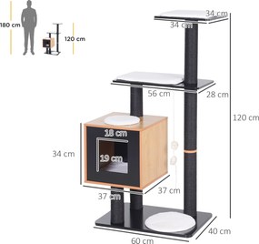 Arranhador para gatos com design contemporâneo 71,5 x 49,5 x 120 cm, sisal natural, centro de atividades, compartimentos abertos, plataformas de brinc
