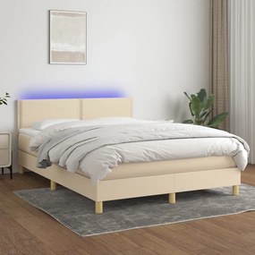 Cama box spring c/ colchão e LED 140x190 cm tecido cor creme