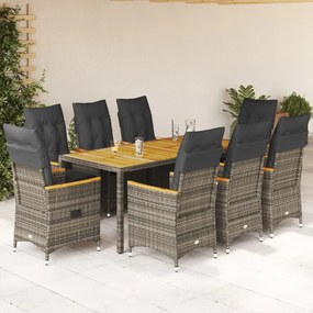 vidaXL 9 pcs conjunto de jantar p/ jardim c/ almofadões vime PE cinza