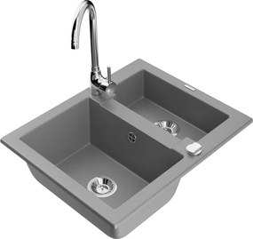 Mexen Carlos lava-loiça de granito com 1,5 cubas e torneira de cozinha Telma, cinza - 6518-71-670200-00
