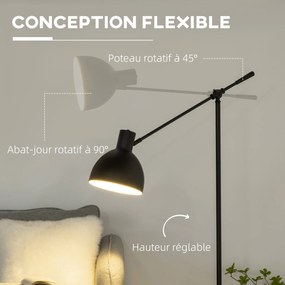 Candeeiro de pé para sala de estar, 40 W, altura ajustável, abajur e braço orientável, interruptor de pé, casquilho E27, preto
