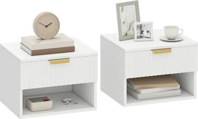 Conjunto de 2 Mesas de Cabeceira Flutuantes Estreitas com Gaveta 40x34x29 cm com Frente Canelada e Prateleira Aberta Branco