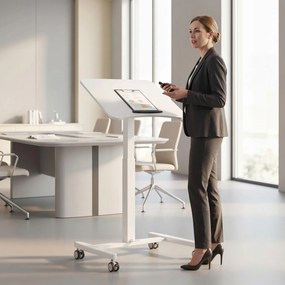 Secretária para trabalhar em pé com altura ajustável  60,5 x 52 x 75-114 cm, tampo inclinável, Rodas e estrutura em aço branco