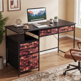 Secretária para computador 120 x 50 x 77 cm com prateleira e gavetas em tecido, estrutura metálica Castanha