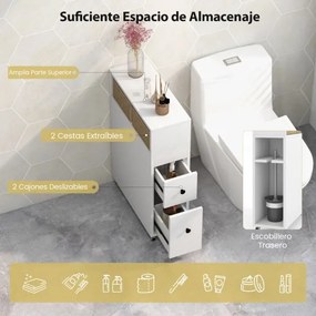 Armário de casa de banho móvel com rodas com gavetas deslizantes Cestos de vime extraíveis Suporte para escovas de sanita 50 x 19 x 72 cm Branco