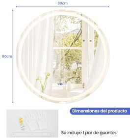 Espelho de casa de banho redondo de parede LED anti-embaciamento com 3 luzes coloridas e função de memória tátil inteligente 80 x 80 cm Prateado