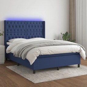 Cama box spring c/ colchão e LED 140x200 cm tecido azul