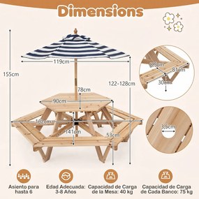 Mesa de Piquenique Infantil Hexagonal com Guarda-Sol, 162 x 141 x 53 cm, 6 Bancos Integrados, Natural